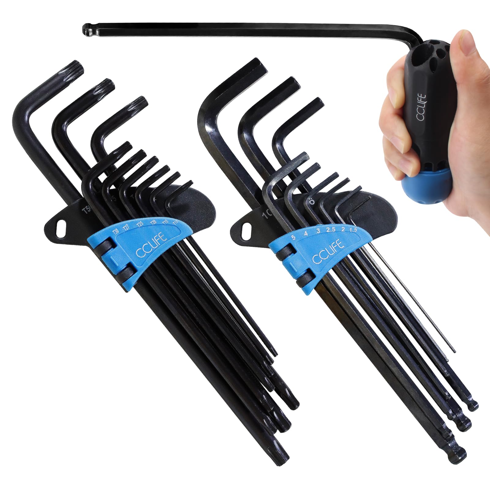 CCLIFE 19pcs Hex Key Set Torx Allen Star Multi-Coloured 1.5 mm - 10 mm & T10-T50 Cr-V Metric Ball End Hex Key Set T-Handle