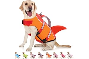 AOFITEE Dog Life Jacket, Dog Life Vest for Swimming, Shark Dogs Swimming Vest with Rescue Handle and Reflective Stripe, Ripstop Pet Float Coat Swimsuit Lifesaver Small Medium Large Dogs Orange M