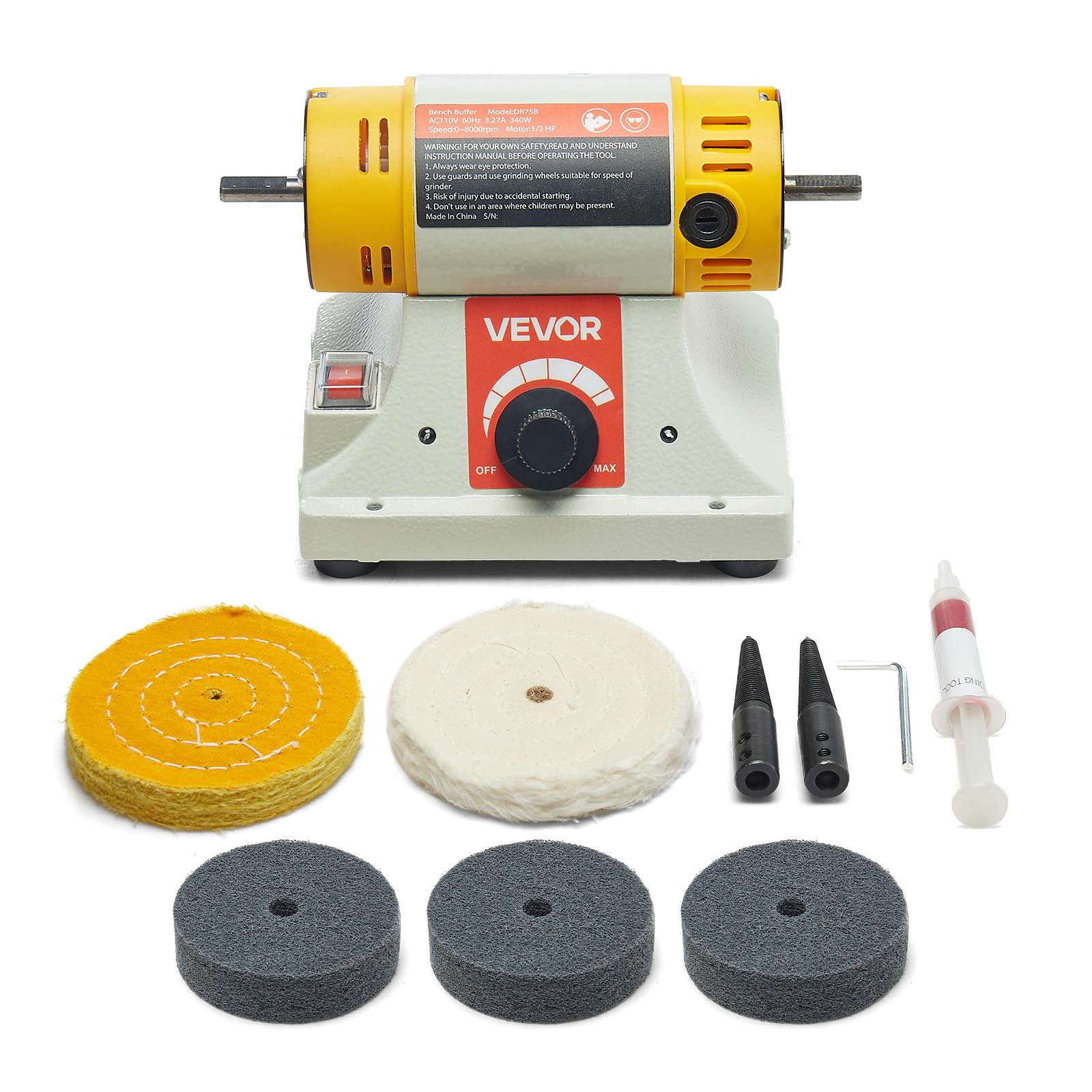 Photo 1 of VEVOR Bench Buffer Polisher, 1/2HP Polishing and Buffing Machine, 0 to 8000RPM Benchtop Polisher with 2PCS 4" Cotton Wheel, 3PCS 3" Abrasive Fiber Wheels & Polishing Compound for Metal Jewelry Wood
