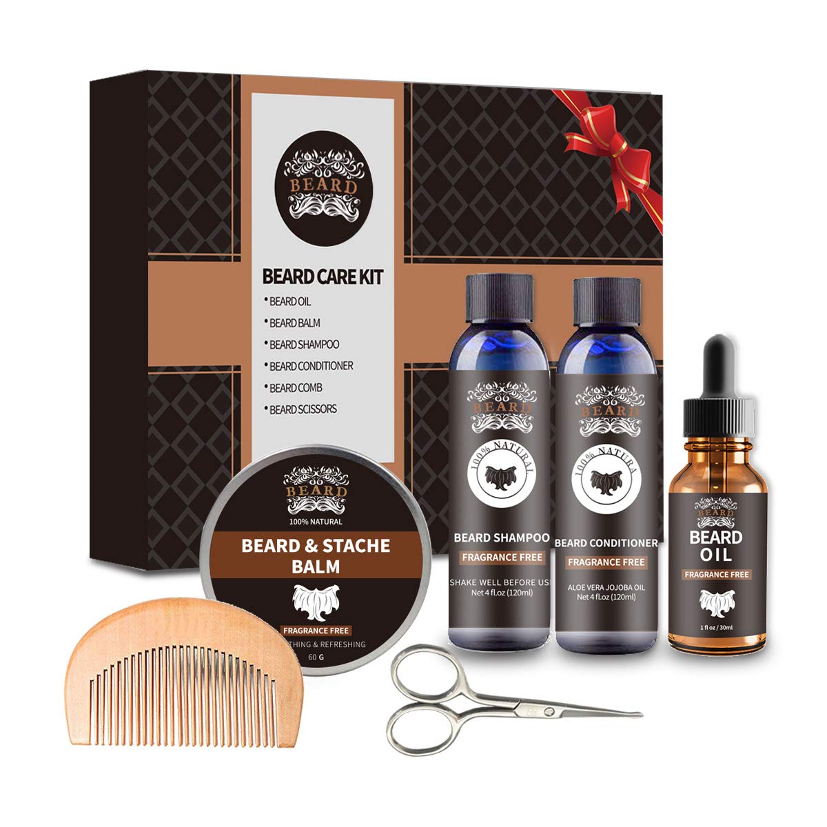 Beard Grooming Kit 100% Natural Beard Care Set For Mustache Growth Includes Unscented Beard Oil & Balm, Beard Shampoo Wash, Beard Conditioner, Beard Comb , Beard Scissors For Men