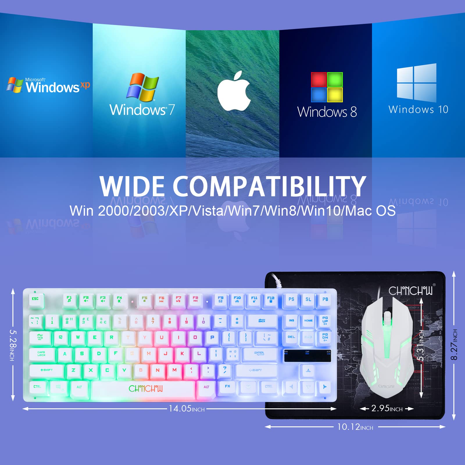 CHONCHOW 87 Keys TKL Wired Gaming Keyboard, Rainbow Led Backlight, White Keyboard and Mouse 3200DPI Combo Compatible with PC Laptop Ps4 Ps5 Xbox Gamer