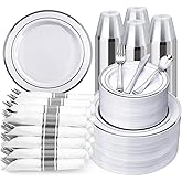 BESTVIP 700PCS Silver Plastic Dinnerware Set for 100 Guests, Disposable Plates for Party, Include: 200 Plastic Plates, 100 Pre Rolled Napkins with Silver Silverware, 100 Cups for Christmas, Halloween