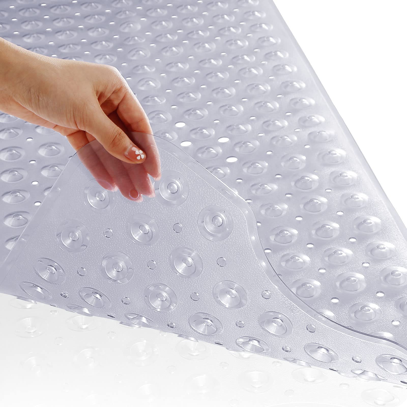Yimobra Bath Mat 100 x 40 cm, Extra Long Non-Slip Shower Mats with Drain Holes and Suction Cups, Machine Washable, Bathtub Mats Ideal for Elderly & Children, Soft on Feet, Clear Grey