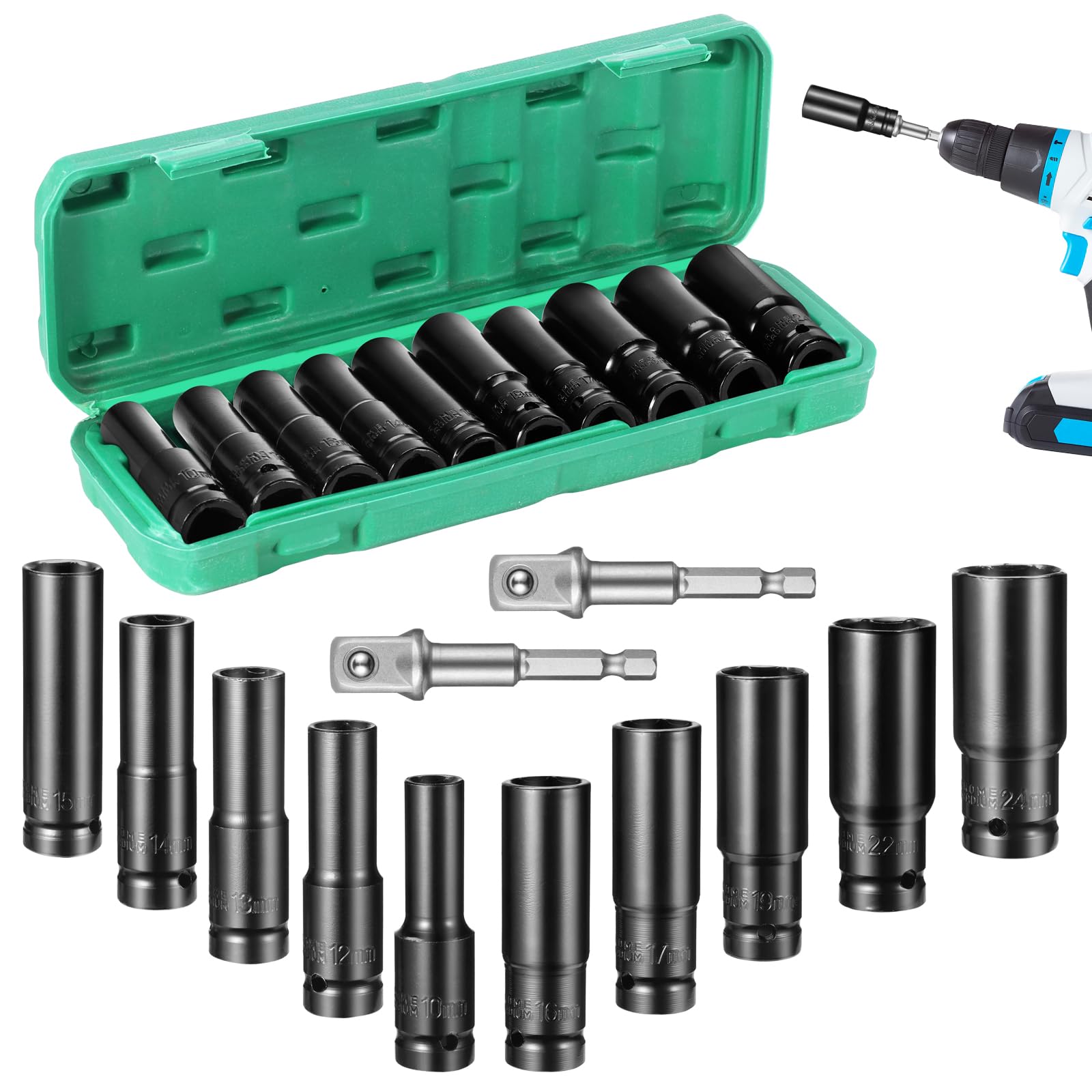 Photo 1 of 1/2" Drive Impact Socket Set, 12-Piece Deep Socket Set with Extension Bar, 10mm to 24mm, Heavy-Duty Metric Socket Set for Mechanics - Durable Impact Sockets for 1/2 Drive Tools