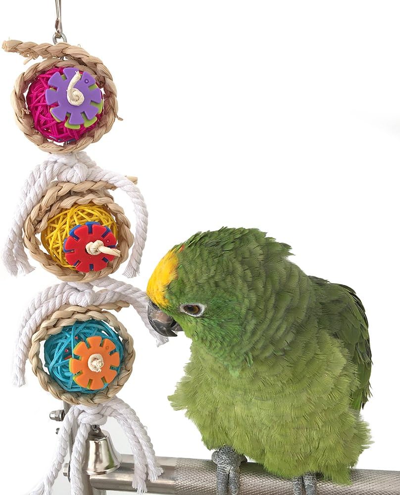 Hypeety Pet Parrot Chewing Swing Toys with Rattan Ball String Hanging Rope Bells for Macaw African Greys Budgies(2 Design)(A)