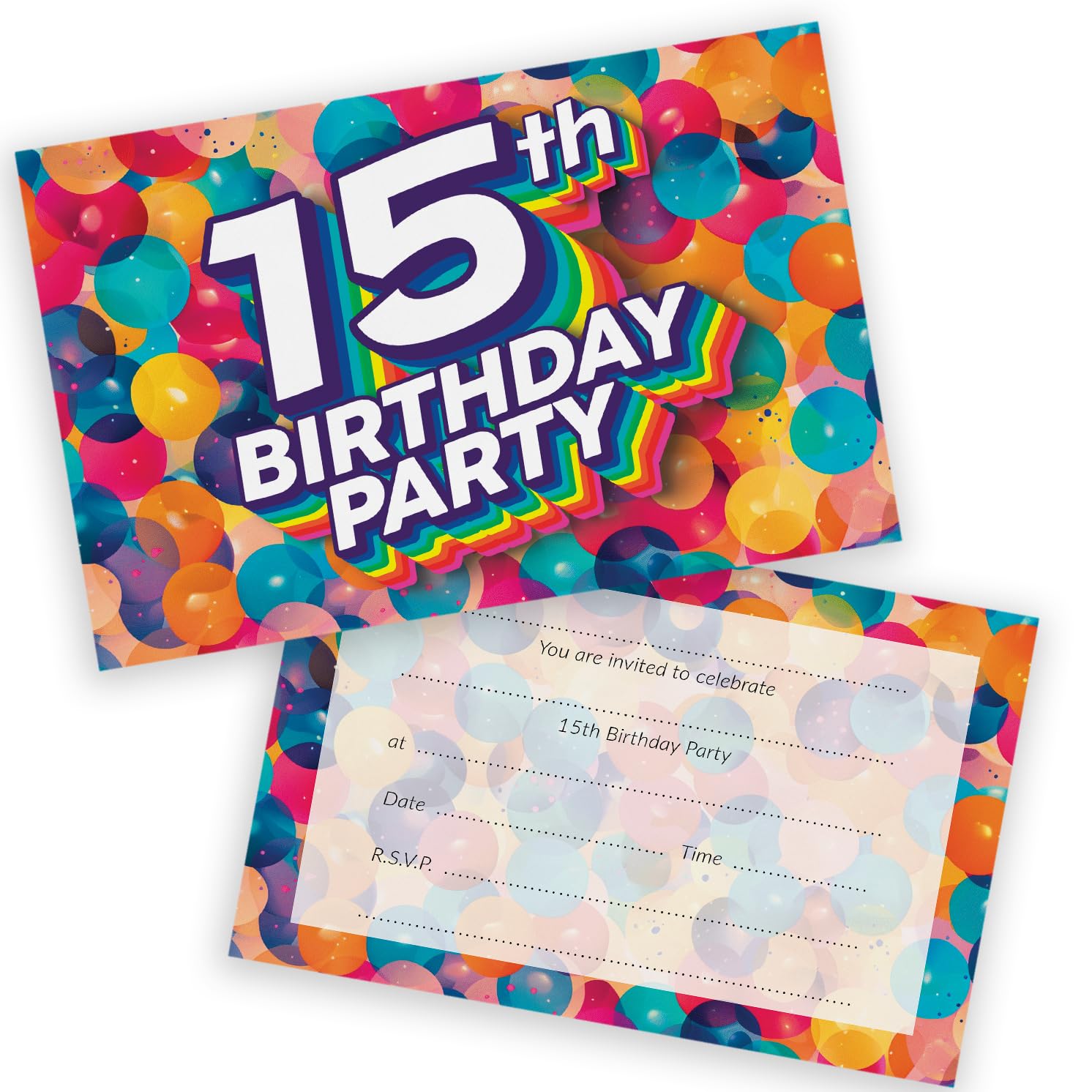 15th Birthday Party Invitations Teenager - Rainbow Balloons 36 Pack - Childrens Birthday Invitations for Boys/Girls A6 Bday Party Invites Invitation Cards with Folding Envelopes