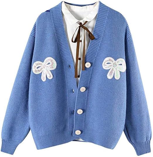 wkd-thvb Punto Cardigan Mujeres Otoño Simple Cuello en V Suelto Suéter