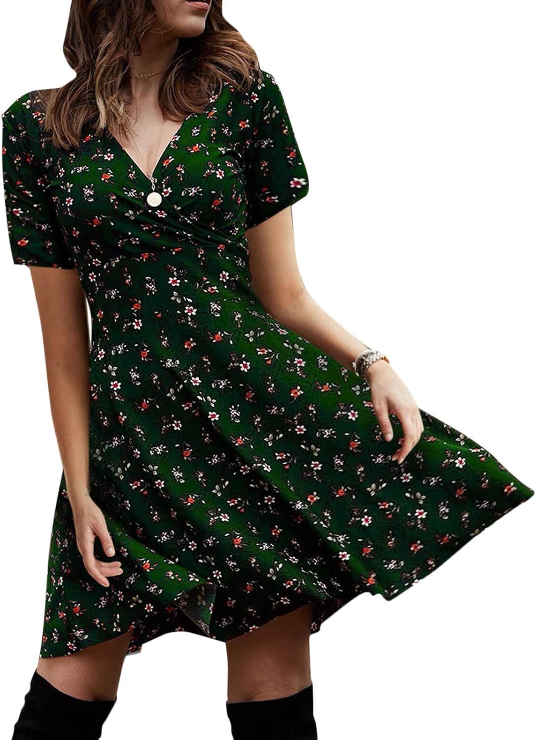 Women Boho Vneck Dress Mini Flroal Dress Ladies Shorts Sleeve Wrap