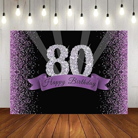 Amazon ハッピー80歳の誕生日の写真の背景キラキラ紫と黒のドットの背景大人の女性の誕生日パーティーの装飾輝くダイヤモンド番号80歳の誕生日のバナー写真250x180cm バックペーパー 背景布 通販