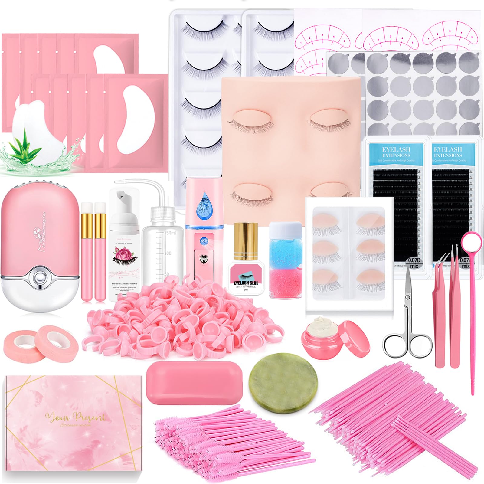 Lash Extension Kit Professional Eyelash Extensions Supplies Training for Beginners Mannequin Head Grafting Lash USB Fan Lash Shampoo Brush Spraye 0.07D Curl Mix 8-15mm Practice Eyelash Strips