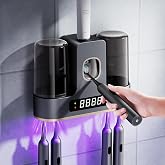 Toothbrush Holders for Bathrooms with Air-Drying, Toothbrush Sanitizer Holder with Smart Countdown LED Screen, 2 Cups Electric Toothbrush Holders Wall Mounted with Toothpaste Dispenser