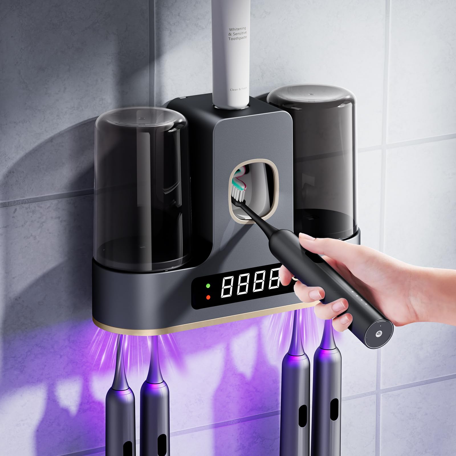 Photo 1 of Toothbrush Holders for Bathrooms with Air-Drying, Toothbrush Sanitizer Holder with Smart Countdown LED Screen, 2 Cups Electric Toothbrush Holders Wall Mounted with Toothpaste Dispenser