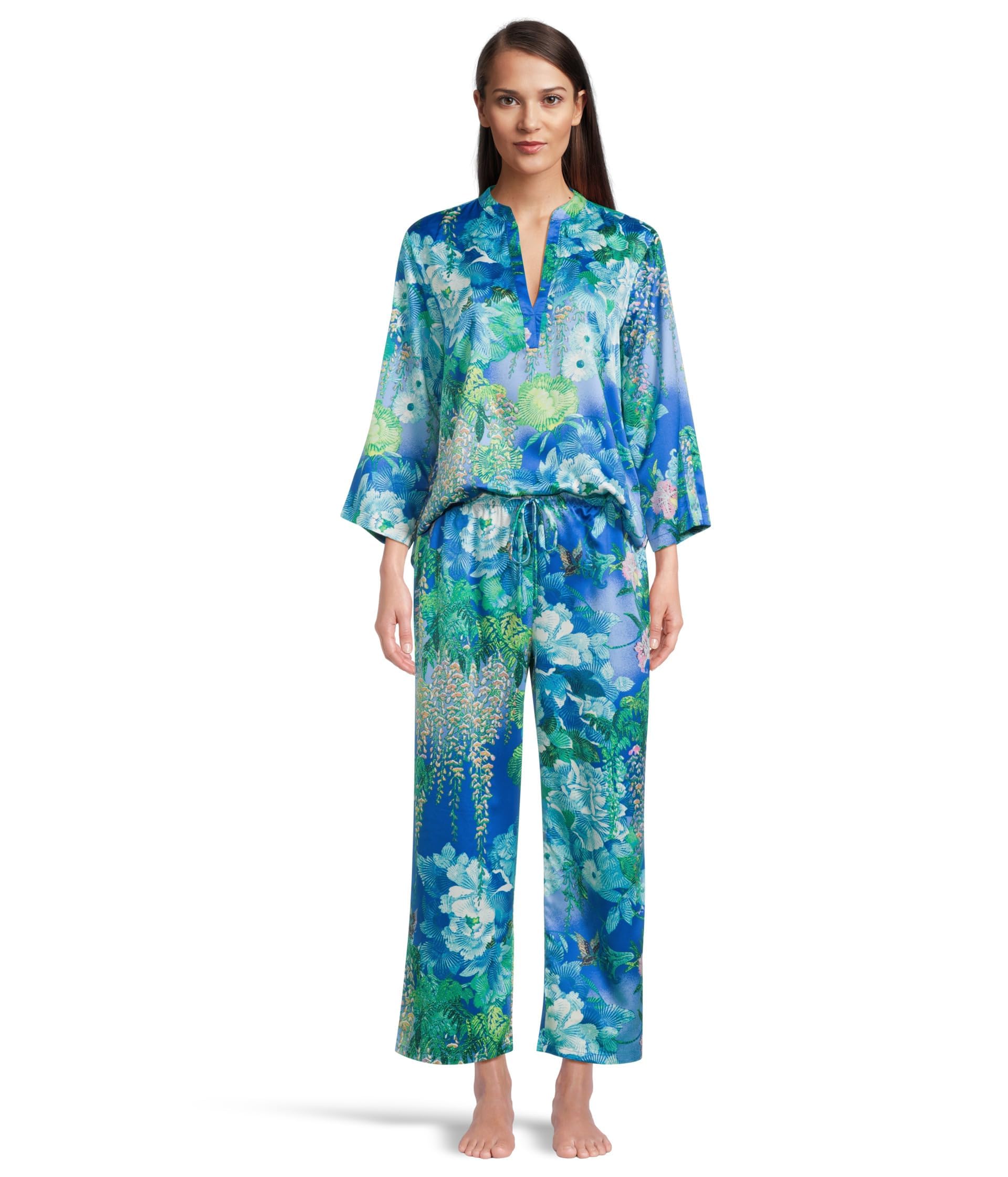 N Natori Women’s Wisteria Garden PJ Set Length 25″ Inseam 26″, Blue/Green, Large