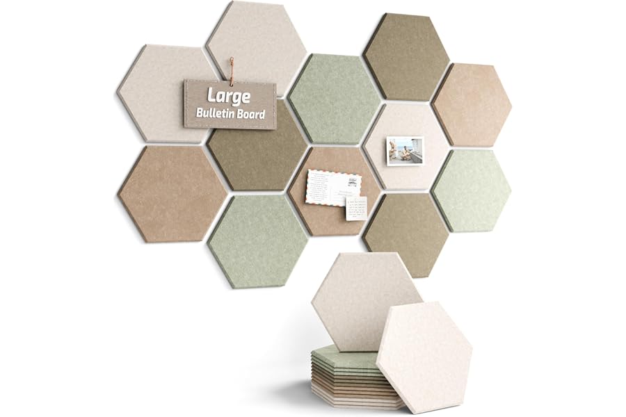 Fluxynara 12-Pack Hexagon Felt Bulletin Board Tiles, Linen Dusk-1 | Cork Board Alternative with 60 Adhesive Tabs for Notes, Photos and Reminders in Home Offices, Dorm and Classrooms