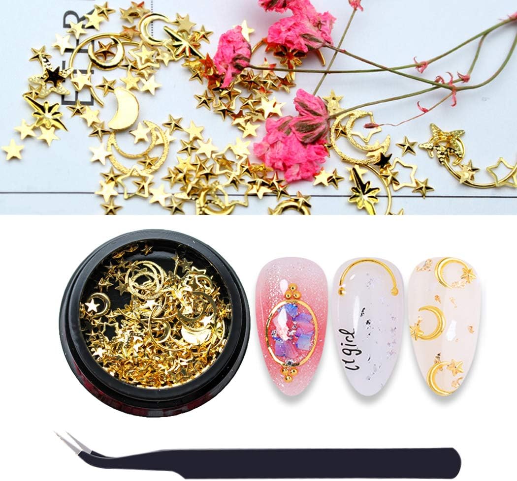 Kapmore Nail Art Stud Nail Sequins DIY Assorted Hollow Gold Moon Star Metal Nail Charms Manicure Glitter Alloy Nail Art Decoration with Tweezer