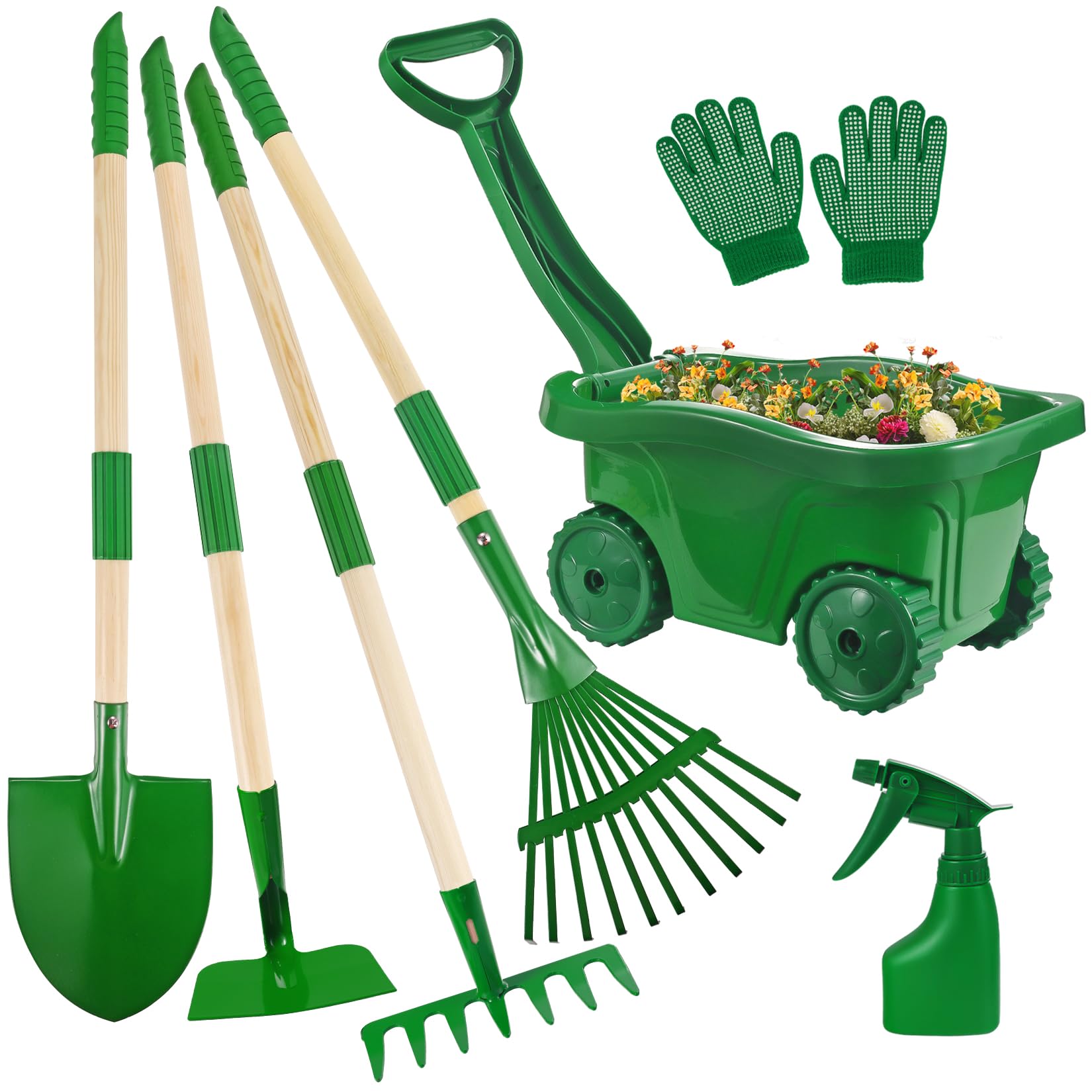 Duckura Kids Gardening Tools Set - 7pcs Wheelbarrow Set for Kids with Shovel, Rake, Leaf Rake, Summer Outdoor Yard Digging Weed Birthday Gifts Toys, Easter for Boys Girls Age 2 3+ Years(Green)