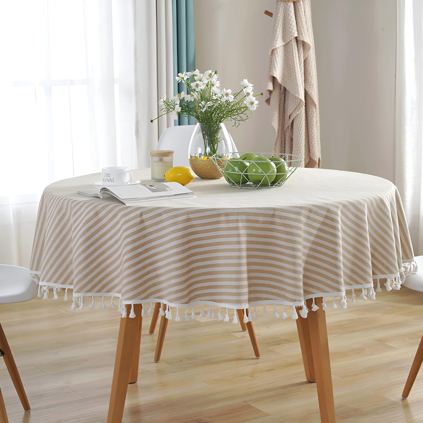 KUAOOAUK Round Cotton Linen Tablecloth,Soft Stripe Tassel Table Cover, Waterproof Dust-Proof Heavy Weight Table Cloth for Home Kitchen Dining Party Picnic Decoration (140cm, Beige)