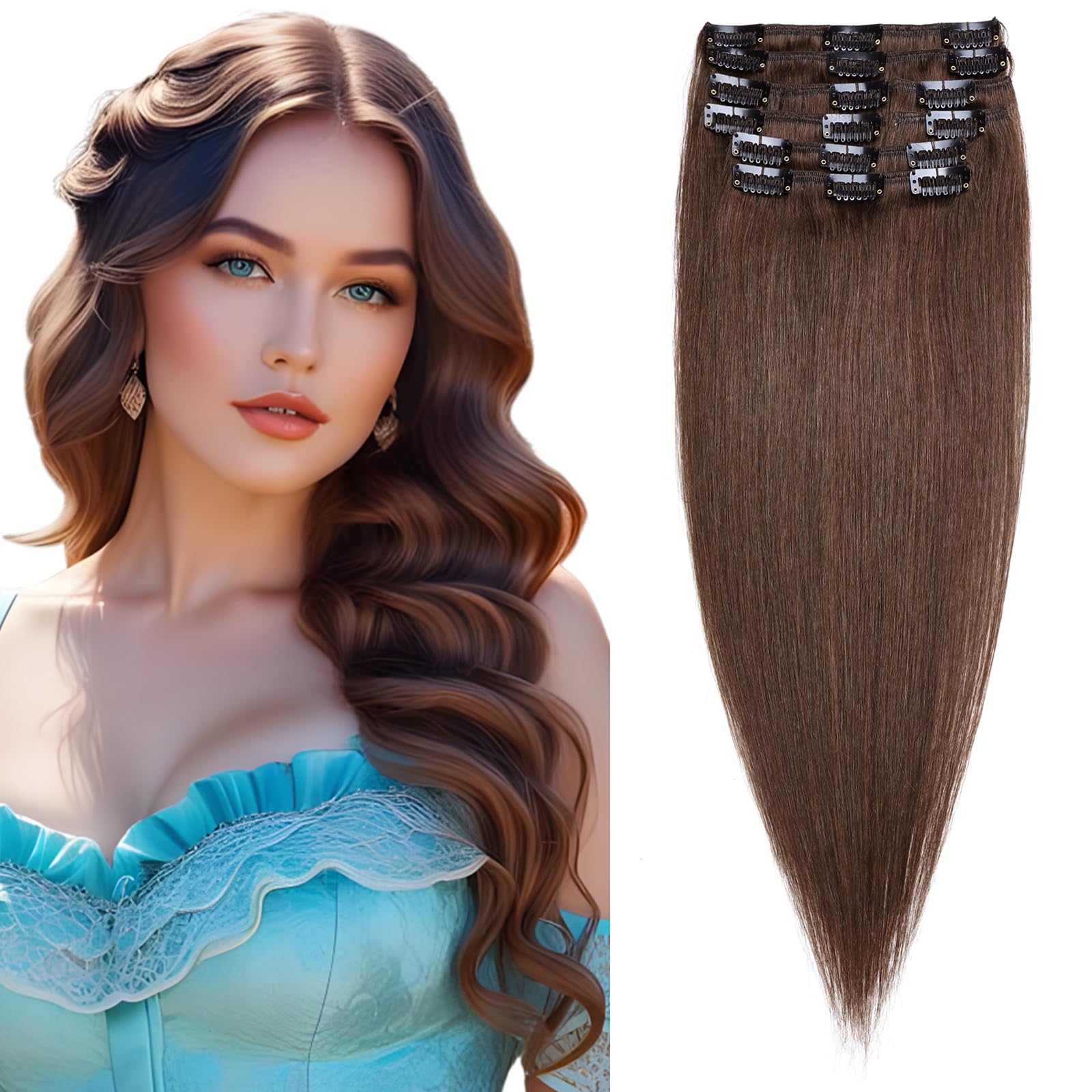 Elailite DOUBLE DRAWN Hair Extensions Real Human Hair Clip in 8 Pieces (Thin Weft) Remy Natural Hair Full Head Straight - #4 Medium Brown - 20 Inch (80 g)