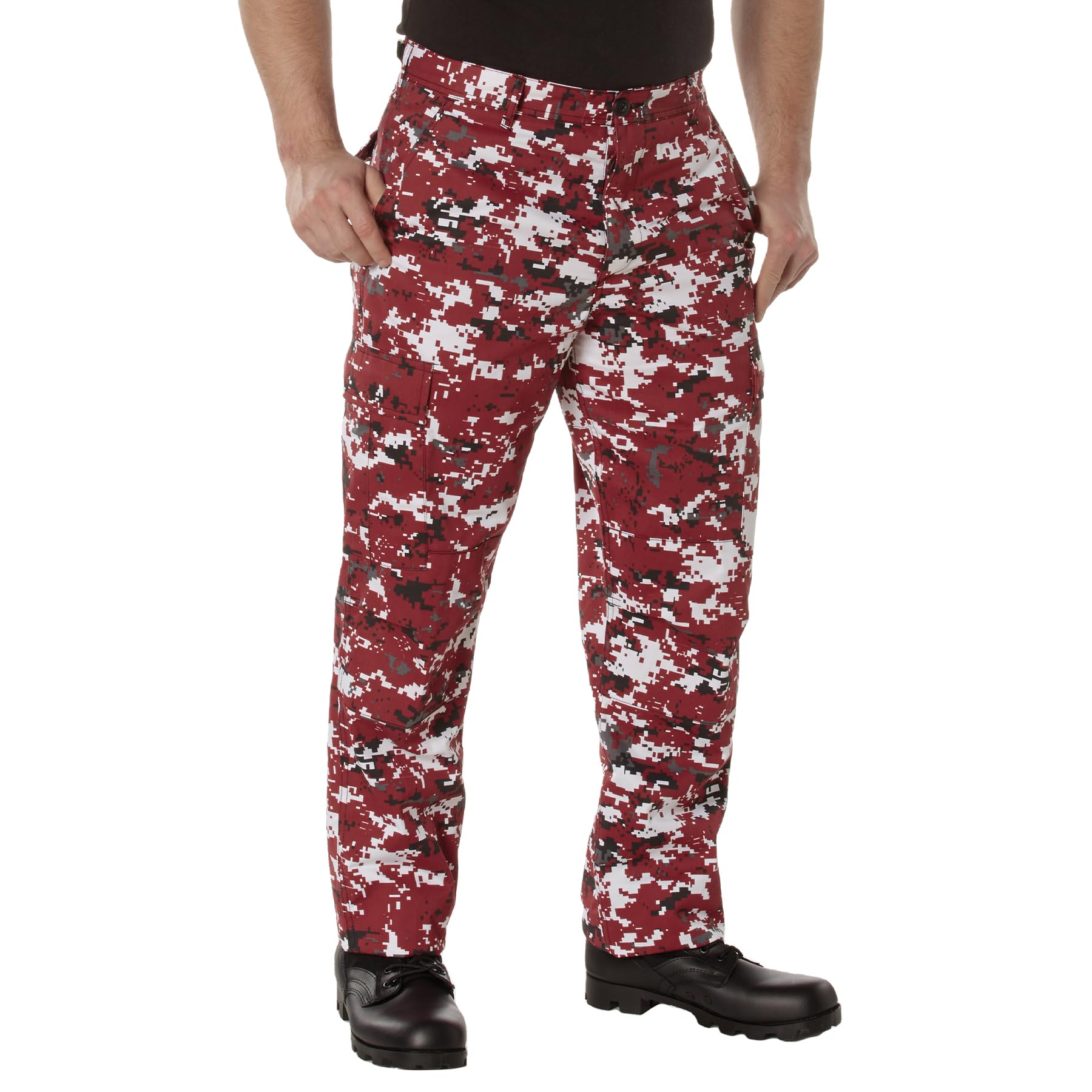 Rothco Pantalones tácticos BDU - Uniforme de trabajo EDC para senderismo al aire libre, camuflaje digital rojo, L