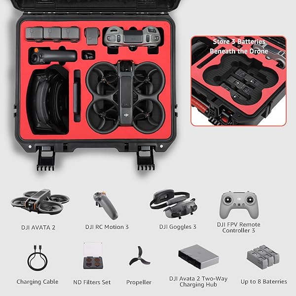 DROGEAR WATERPROOF HARD CASE FOR DJI AVATA 2 FLY MORE COMBO | FITS DJI GOGGLES 3 (NOT FOR GOGGLES N3)/ RC MOTION 3 / FPV REMOTE CONTROLLER 3 AND ACCESSORIES | UP TO 8 BATTERIES | SHOCKPROOF, DUSTPROOF