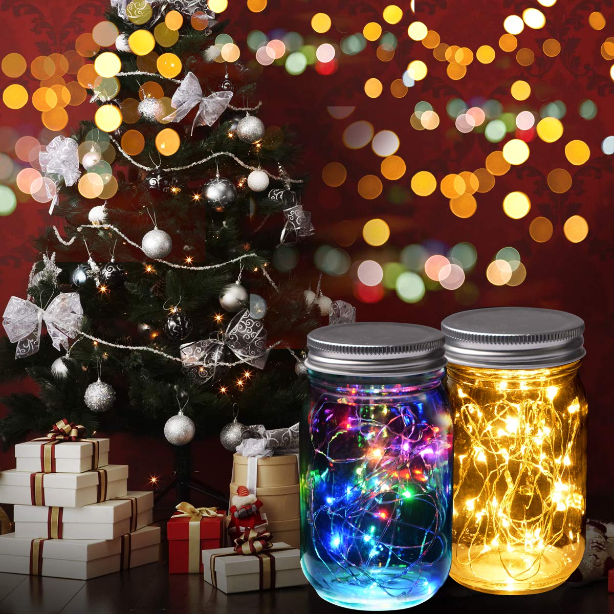 Jiabang Battery Powered Holiday Flavor Glass Cylinder Lamp Glass Candle Lamp Mood Light Christmas Decoration for Home Bedroom Livingroom Theme Party Celebration (Warm White & Colorful Light)
