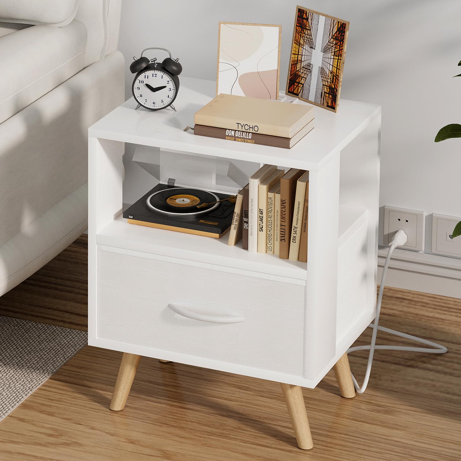 Photo 1 of Aenuert Night Stand with Charging Station, White Kids Nightstand with Drawer, 3-Tier Nursery Bedside Table with USB Ports and Outlets, End Table for Small Space, Living Room, Bedroom