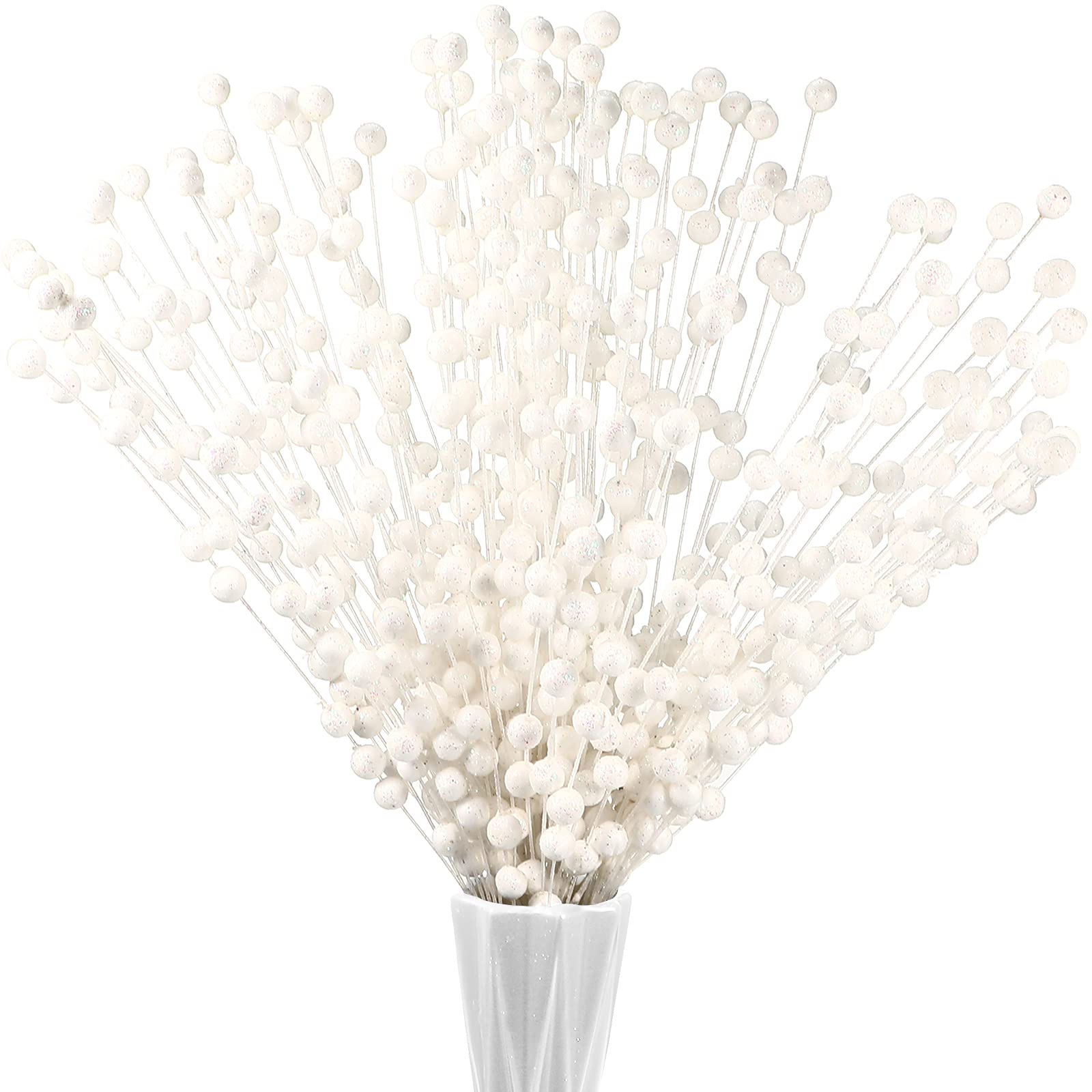 Syhood 200 Pcs Glitter Berry Stems, 13.8 Inches Christmas Berry Picks Holly Branches for Christmas Tree Decorations, Holiday Ornaments Home Decor and DIY Crafts(White)