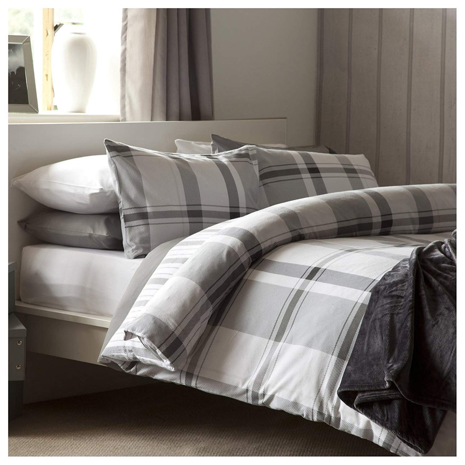 Belledorm Brushed Cotton Boston Check Duvet Cover Set Grey (Double