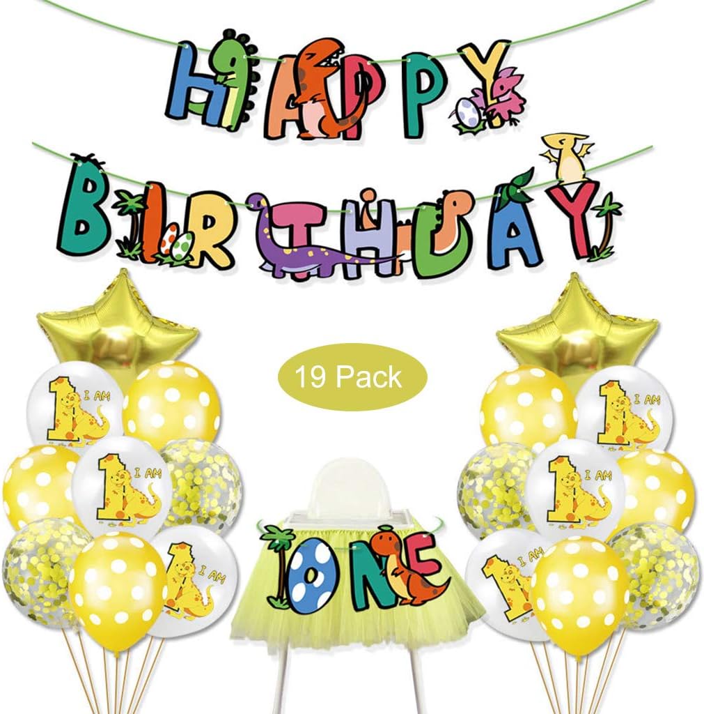 DreamJing Dinosaur Party Decoration ,Yellow Confetti Balloons Dinosaur Balloons Birthday Banner for Kids Girl Boy 19Pcs