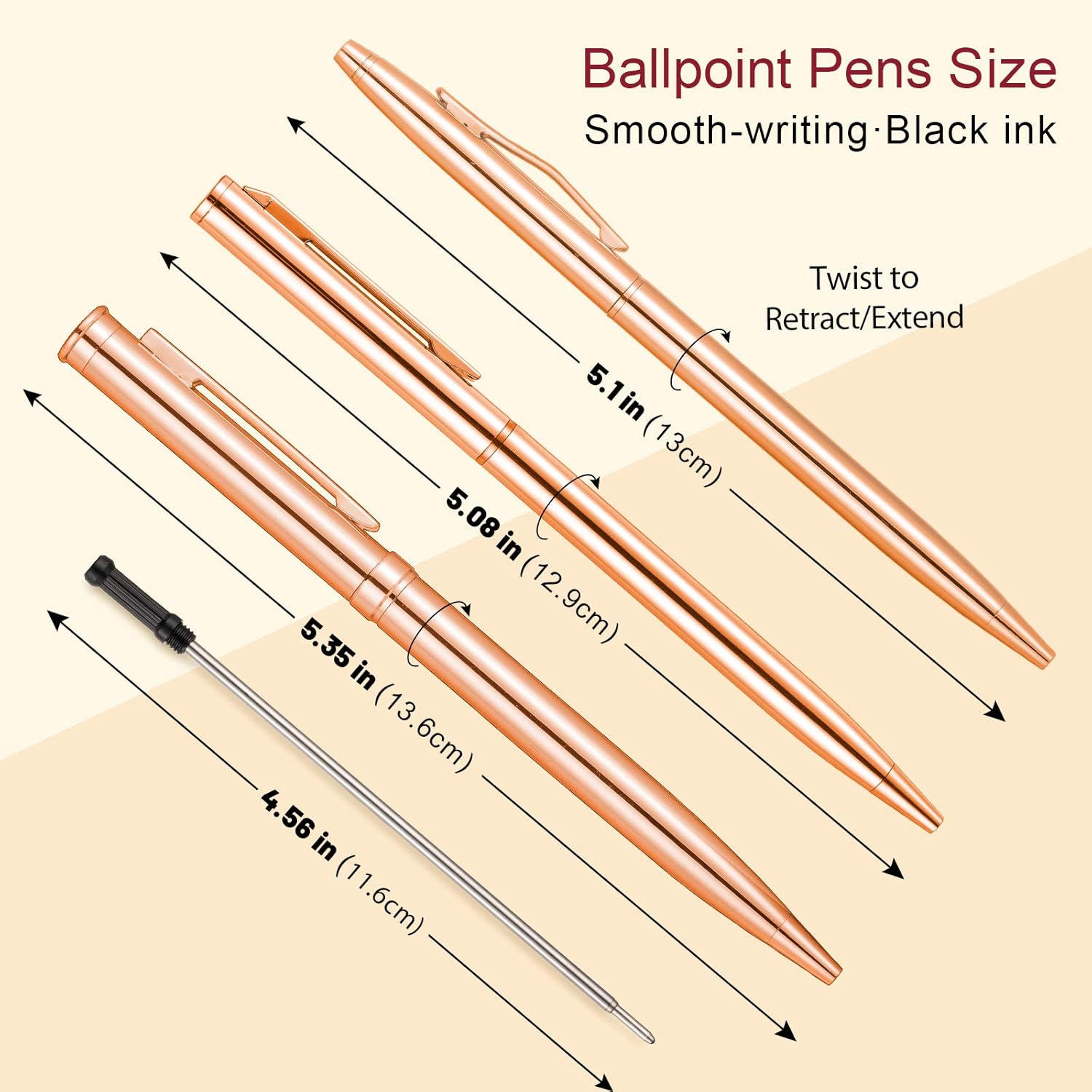 Whaline 9Pcs Metallic Rose Gold Ballpoint Pen with 9Pcs Refills Retractable Ballpoint Pens Black Ink Nice School Prize Stationery Gift for Business Office Students Back to School Supplies - Image 3
