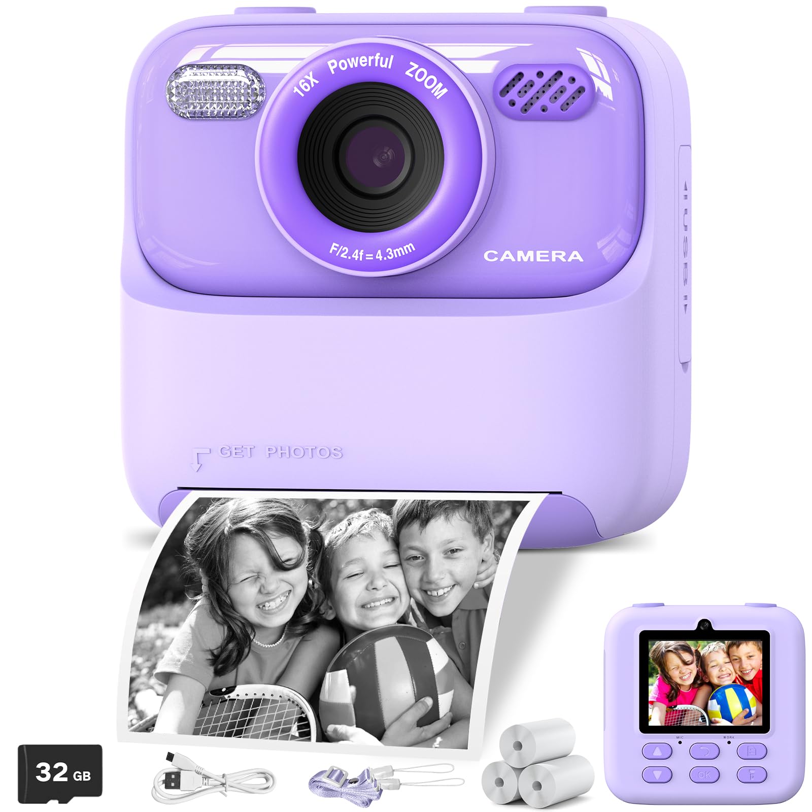 Kids Instant Print Camera, Digital Camera for Girls & Boys, 1080P HD - Purple, Age 3-10, Includes 3 Rolls Print Photo Paper & 32GB SD Card