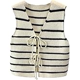 SHENHE Women's Striped Sweater Tie Front V Neck Sleeveless Fall Knit Cardigan Vest
