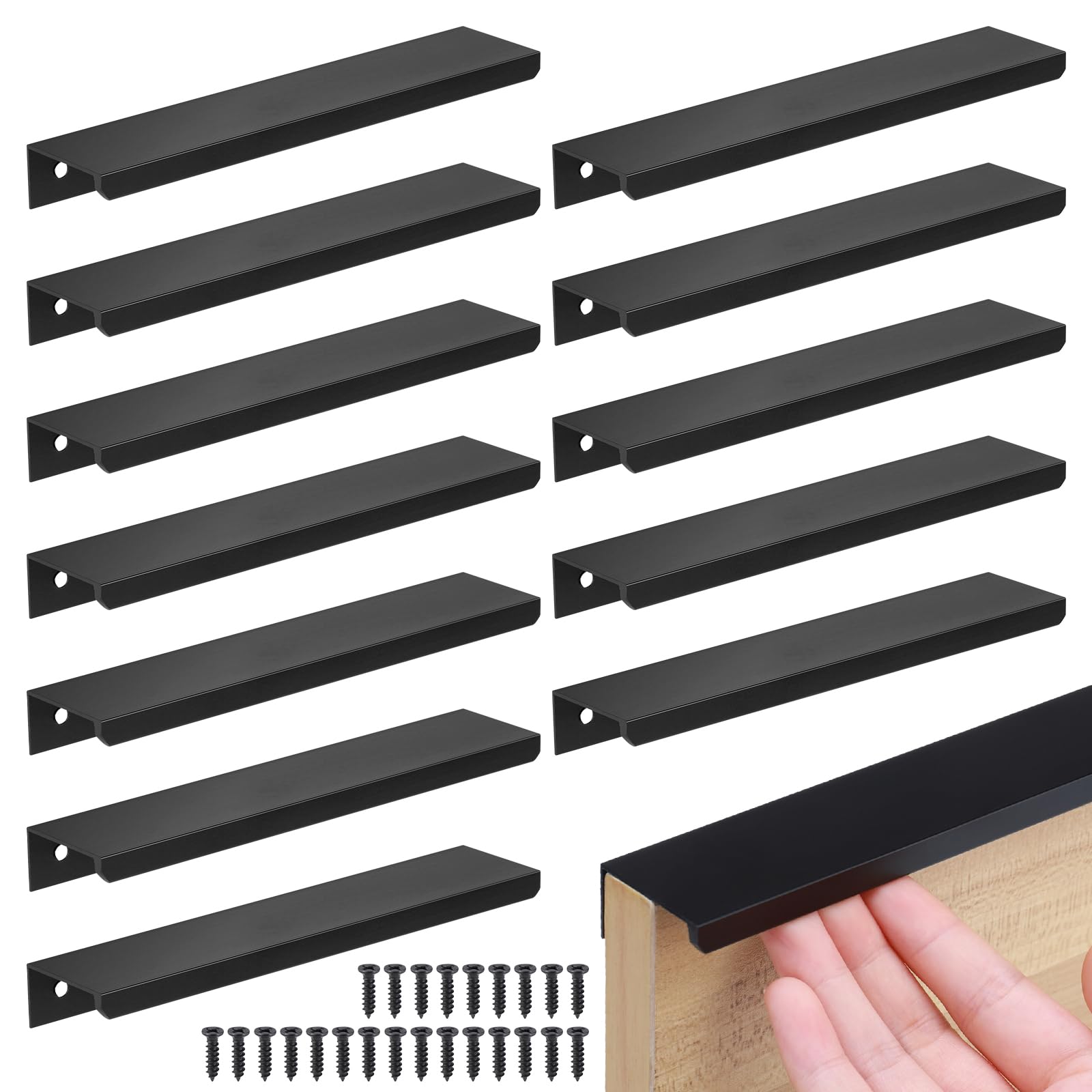 JIZZU 12 Pack Concealed Kitchen Door Handles, Black Cabinet Handles, Hole Center Hidden Drawer Pulls with 24 Screws for Bedroom Kitchen Wardrobe