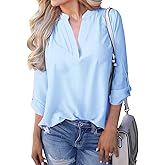 INFITTY Chiffon Blouses for Women 3/4 Length Sleeve Top Trendy V Neck Blouses Dressy Cute Casual Shirts