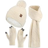 AWAYTR Winter Beanie Hat Gloves Scarf Set for Women - 3 Piece Knit Gift Set with Pom Pom Hat Touch Screen Gloves and Scarf