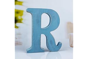 WOODOUNAI 6 Inch Rustic Blue Wood Letters Unfinished Wood Letters for Wall Decorative Blue Retro Standing Letters Sign Board Decoration for Craft Home Party Projects (R)