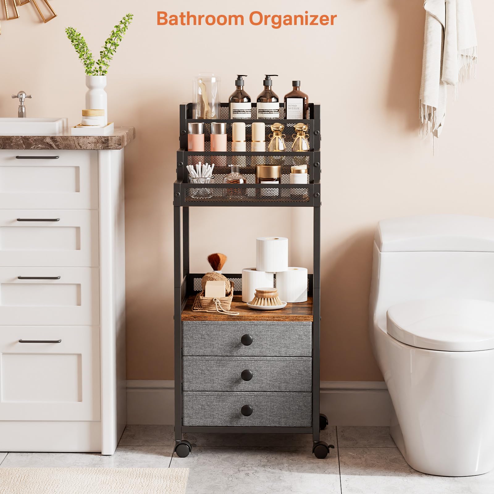 FURFUN Display Riser Stand Perfume Cologne Organizer, Rolling Makeup Storage Cart with Fabric Drawers, Floor Vanity Cosmetics Display Cases for Skin Care Nail Polish Figures Rustic Brown Ladder Stand