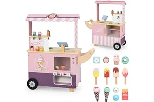 INFANS Ice Cream Cart Grocery Store Marketplace Toy, Market Stand Shop Pretend Play Set with Universal Wheel Food Scale Cash Register Beverage Rack Accessories Gift for Ages 3+