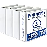 Samsill 3 Inch 3 Ring Binders, Made in USA, Economy Round Ring, Clear View Cover, 550 Sheet Capacity - for School, Home, Office - White, 4 Pack