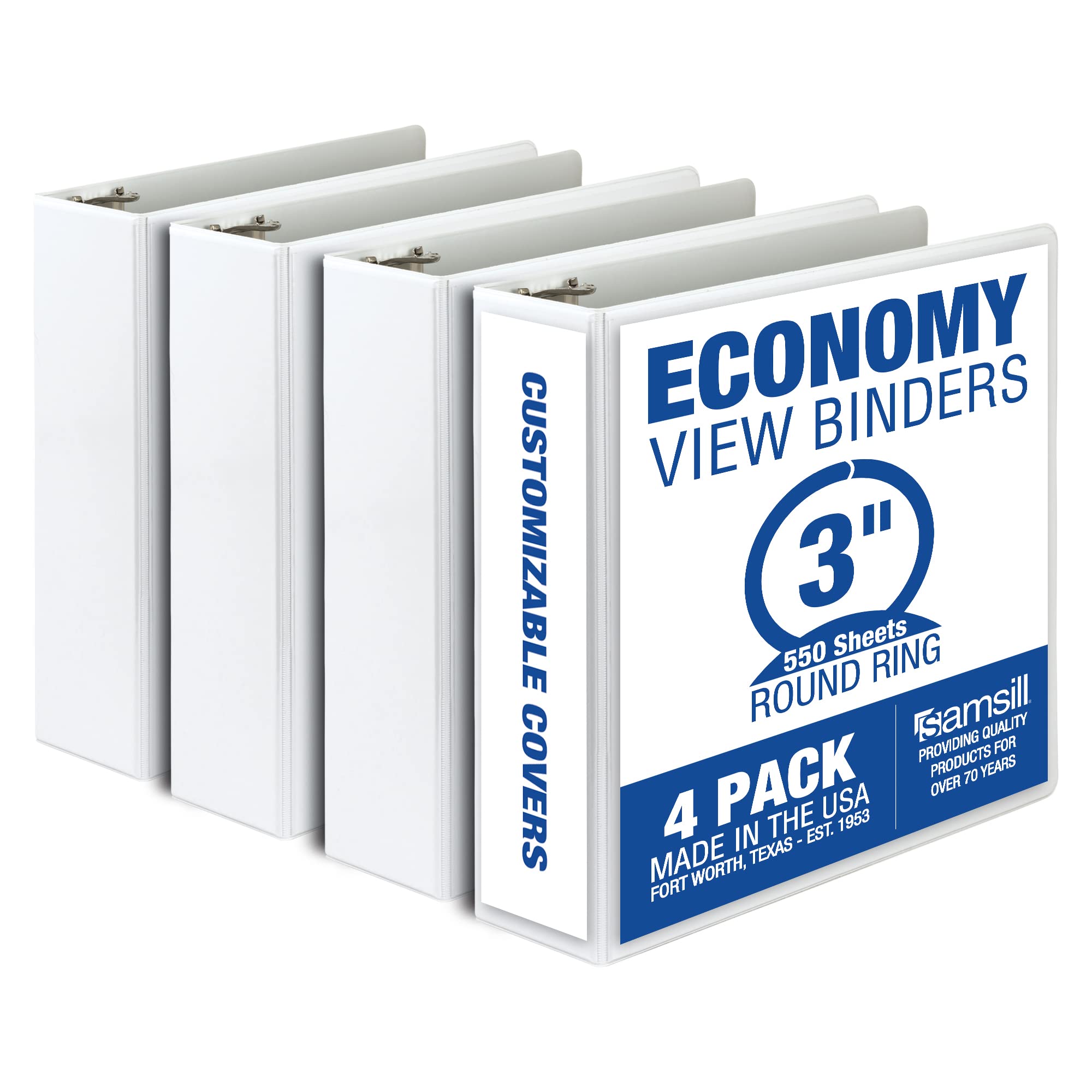 Photo 1 of Samsill 3 Inch 3 Ring Binders, Made in USA, Economy Round Ring, Clear View Cover, 550 Sheet Capacity - for School, Home, Office - White, 4 Pack