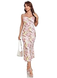 Women's Spaghetti Strap Midi Satin Silk Dresses