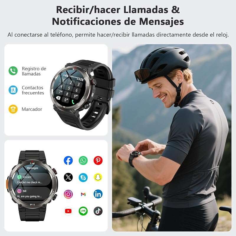 Reloj Inteligente Hombre con Llamadas con Linterna y Brújula, 960mAh Batería 1.45" Militar Smartwatch Hombre con,123 Modos Deporte,Monitor Cardíaco 24h/SpO2/Sueño,Podómetro,IP68,2Correas(iOS/Android)