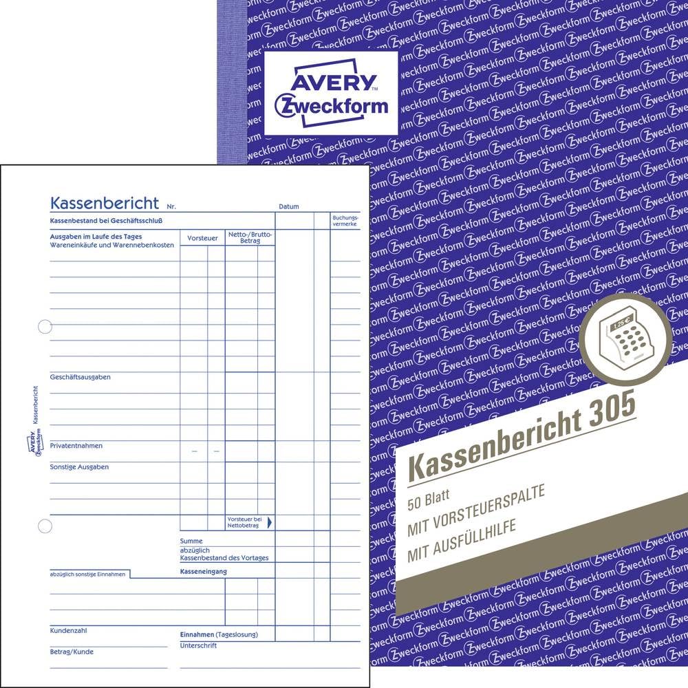 AVERY Zweckform 305 Cash Report (A5, Microperforated, Tested by Legal Experts, for Germany and Austria for Proper, Cost-Effective Accounting, 50 Sheets) White, Pack of 1