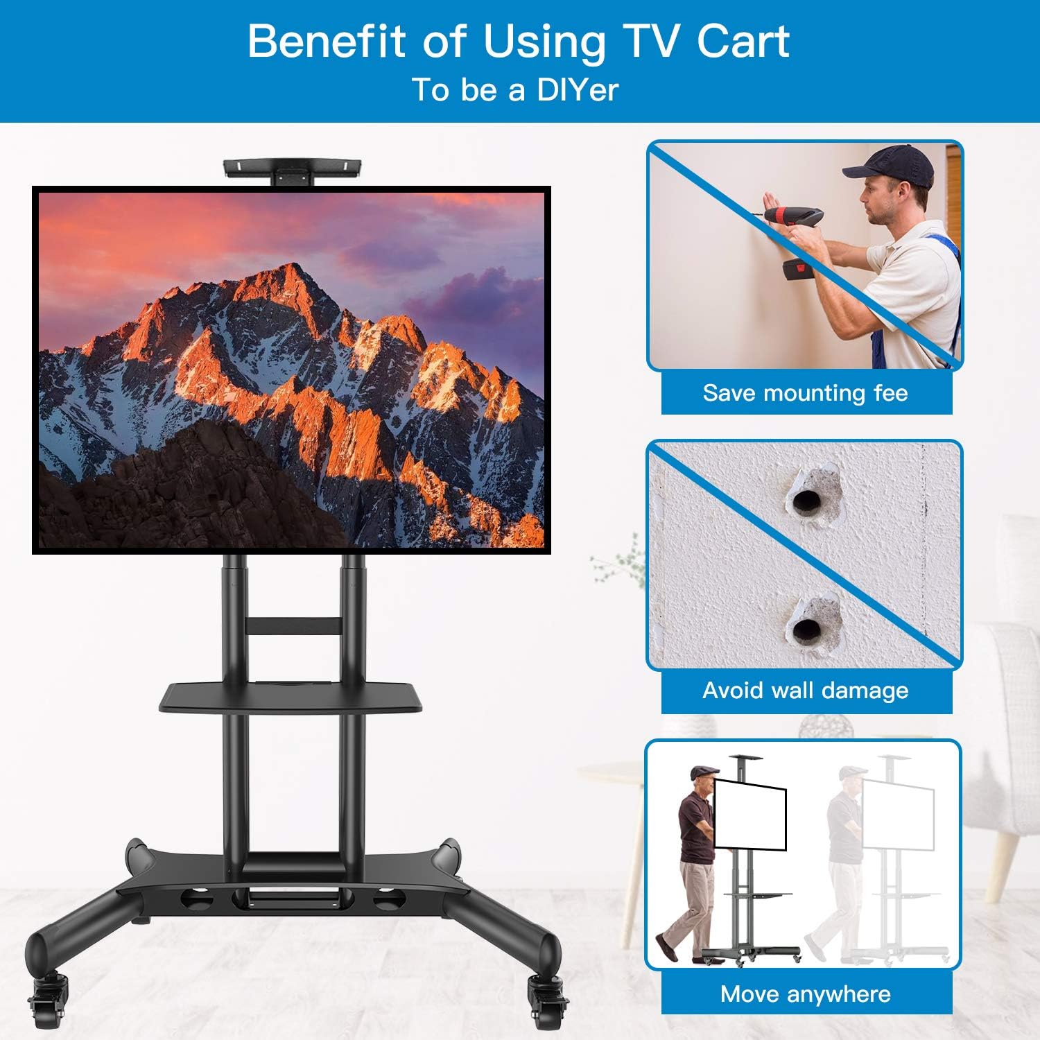 Rolling/Mobile TV Cart with Wheels for 32-70 Inch LCD LED 4K Flat Screen TVs - UL Certificated TV Floor Stand with Shelf Holds Up to 100 lbs, Height Adjustable Trolley Max VESA 600x400mm: Electronics
