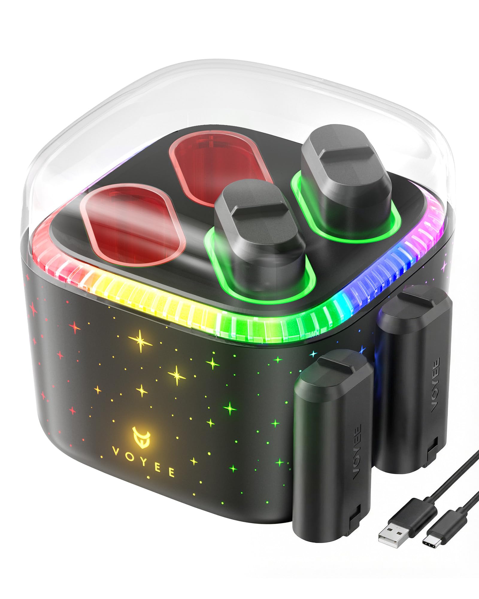 VOYEE Xbox Controller Battery Pack with 7-Color LED Lights, 4x4070mWh Rechargeable Battery, 4-Slot Fast Charger for Xbox One/S/X/Elite/Series X|S, Over Current/Voltage/Short Circut-Starry Sky-Black