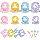 Cilifay 192pcs Dog Paw Paper Plates Napkins Forks Serve 48,Pink Blue Yellow Purple Dog Party Plates for Birthday Baby Shower Outdoor events