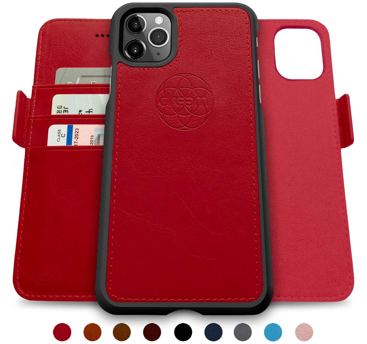 dreem Fibonacci 2-in-1 Wallet Case for Apple iPhone 11 Pro - Luxury Vegan Leather, Magnetic Detachable Shockproof Phone Case, RFID Card Protection, 2-Way Flip Stand - Red