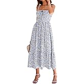Women's Casual Beach Vacation Dress with Pockets Flowy Aline Tiered Spaghetti Strap Lace Up Corset Midi Sundress for Summer