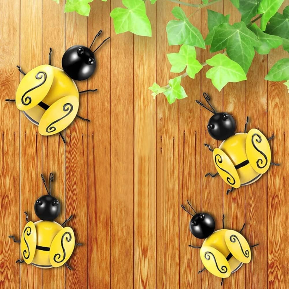 Plaques & Wall Art - OBTANIM 4 Pack Cute Metal Bee Garden Wall Art Decorative Yard Hanging Decorations Outdoor Lawn Wall Sculptures