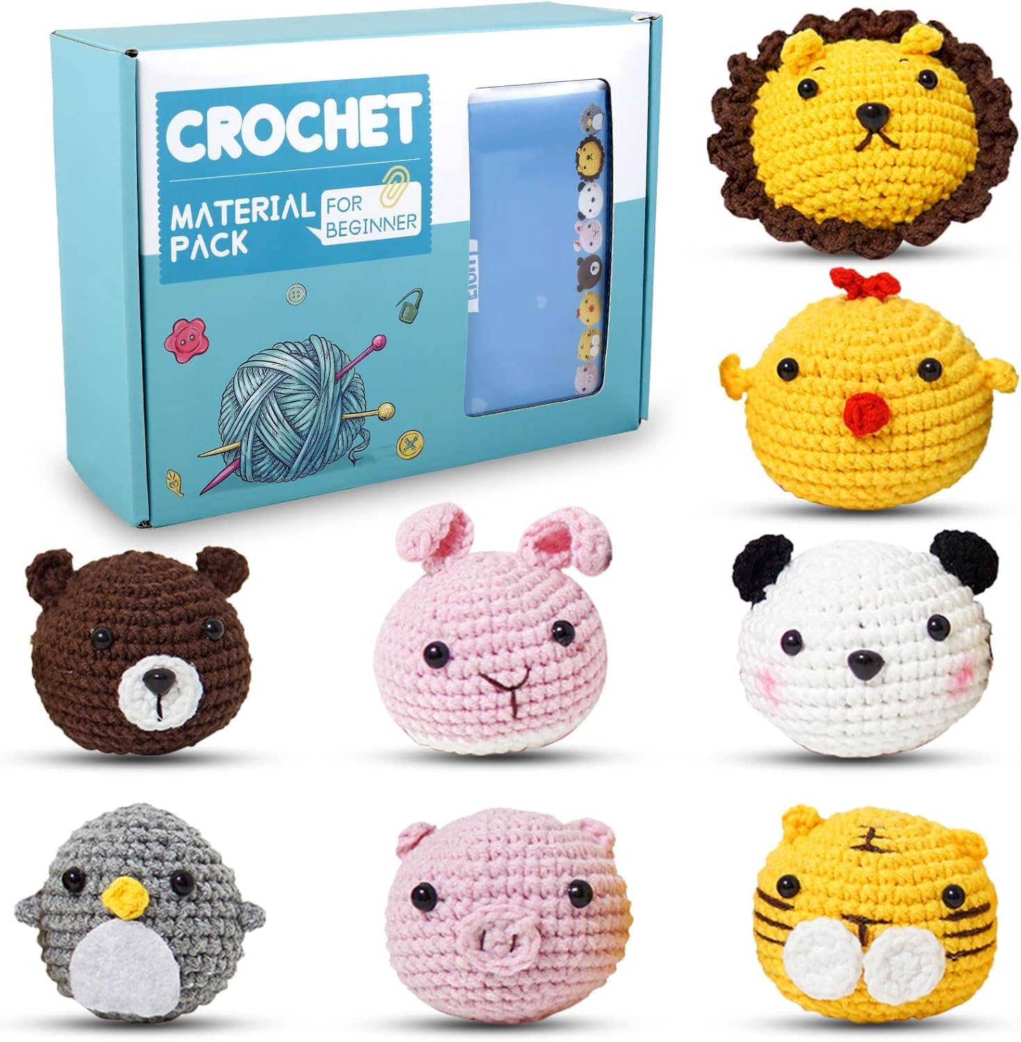 Alongen 8 Pcs Beginners Crochet Kit,Adorable Animal Crochet Starter Pack with Yarn Stuffing Keychain DIY Crochet Craft Kit with Step-by-Step Video (8PCS)